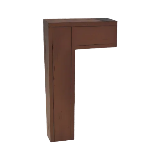 Un rendu 3D d'une étagère d'angle en bois rustique marron en forme de L avec une texture de grain de bois visible.