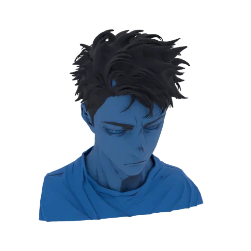 A 3D render of an anime-style boy's bust, depicted in a monochromatic blue with dark, spiky hair and a contemplative expressi