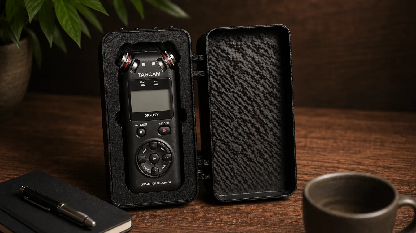 aus einem Foto 3D-gedruckte Verpackungseinlage — ein Koffer für ein Tascam-Aufnahmegerät