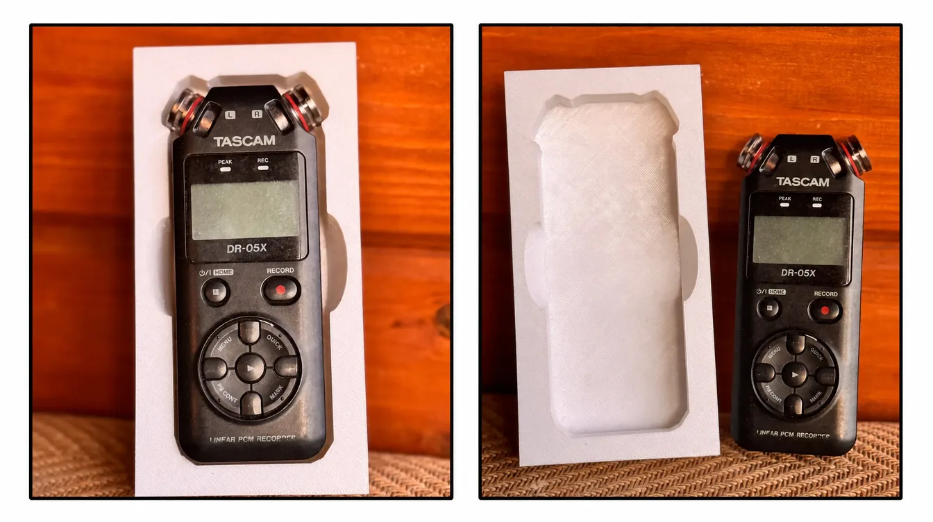 Beispiel einer aus einem Foto erstellten Verpackungseinlage für ein Tascam-Aufnahmegerät